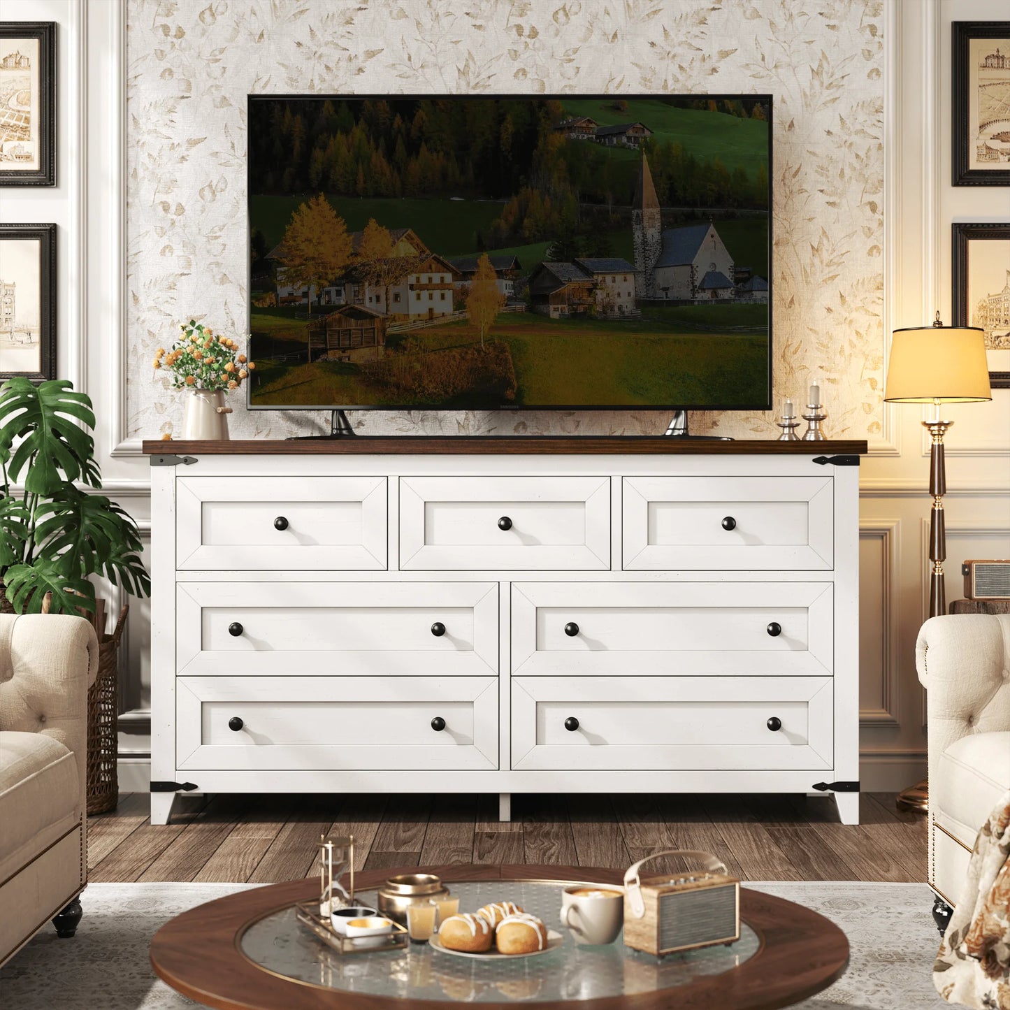 51.2" Farmhouse 7 Drawer Dresser & TV Stand