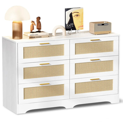 6 Drawer Rattan Dresser with Golden Handles