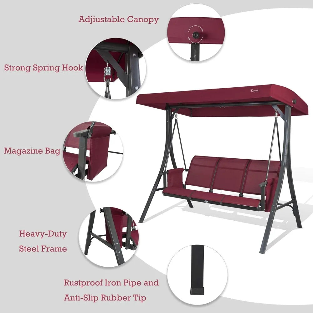 3-Seat Outdoor Porch Swing with Adjustable Canopy