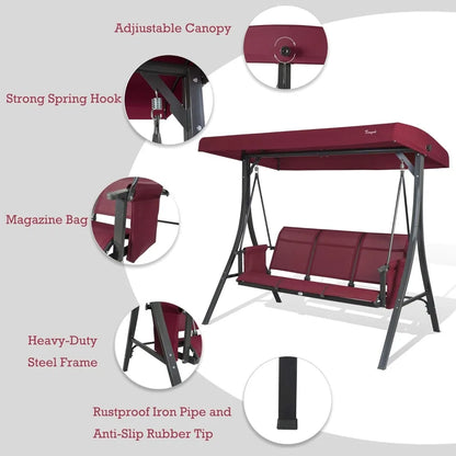 3-Seat Outdoor Porch Swing with Adjustable Canopy
