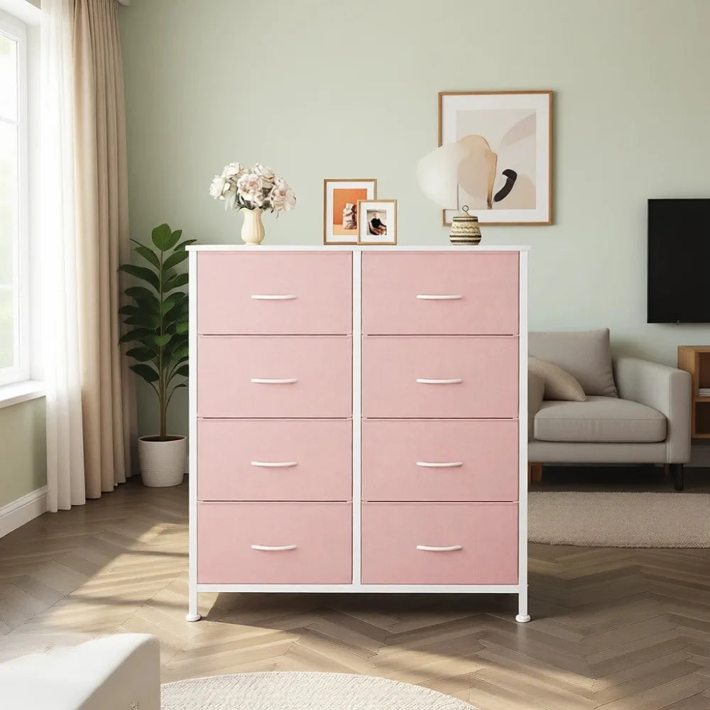 8-Drawer Steel Frame Pink Fabric Dresser
