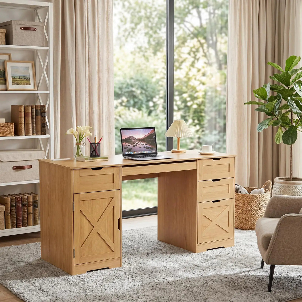 Farmhouse Office Desk With 4 Drawers
