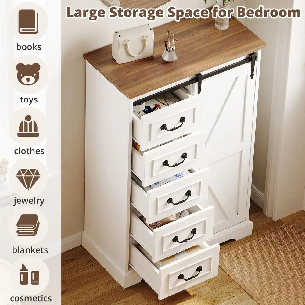 5 Drawers Farmhouse Dressers with Sliding Barn
