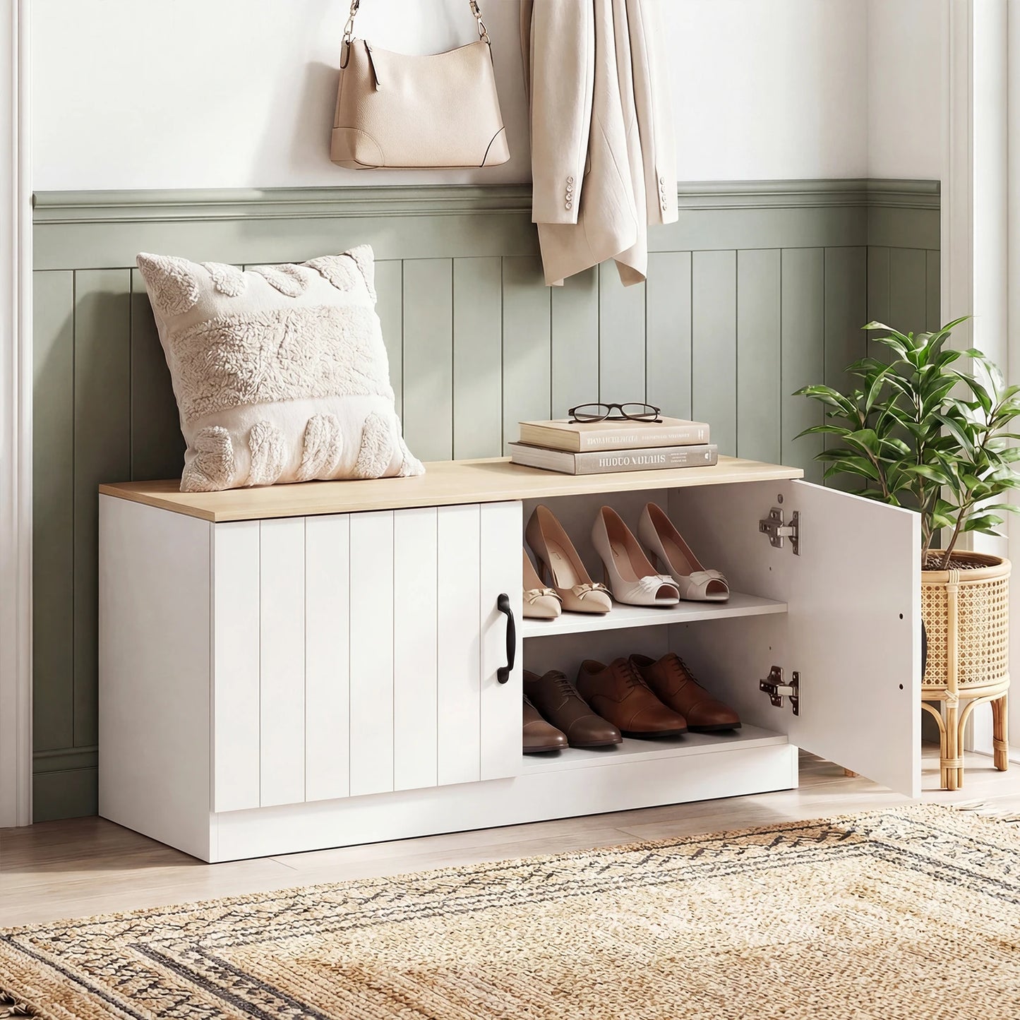 2-Door Shoe Bench with Adjustable Shelves