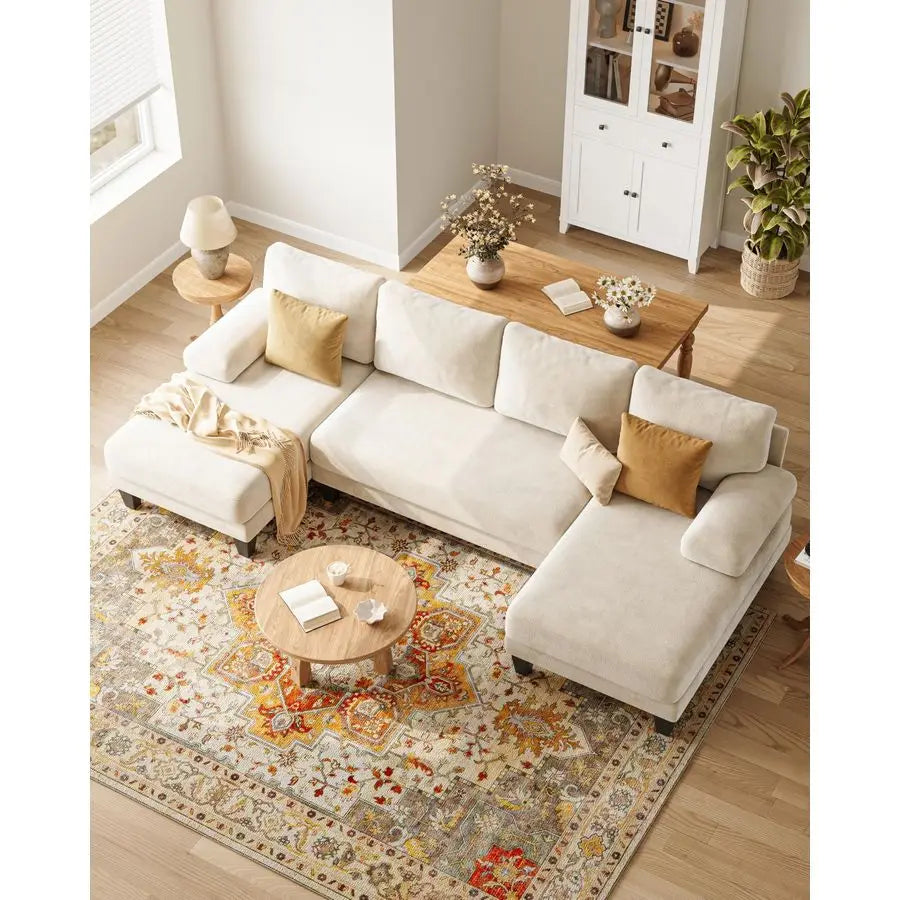 U Shaped Double Chaise  White Chenille Sofa