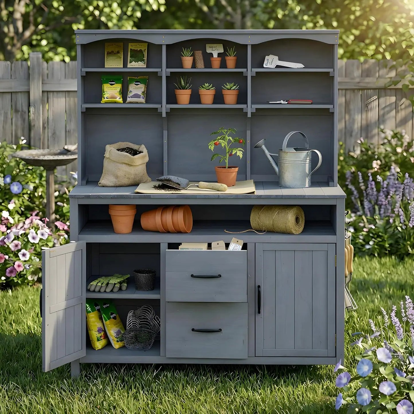 Solid Fir Wood Potting Bench with Hutch