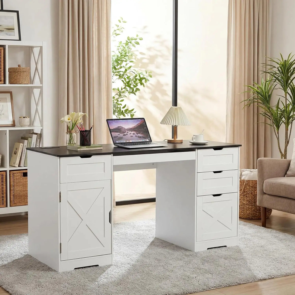 Farmhouse Office Desk With 4 Drawers