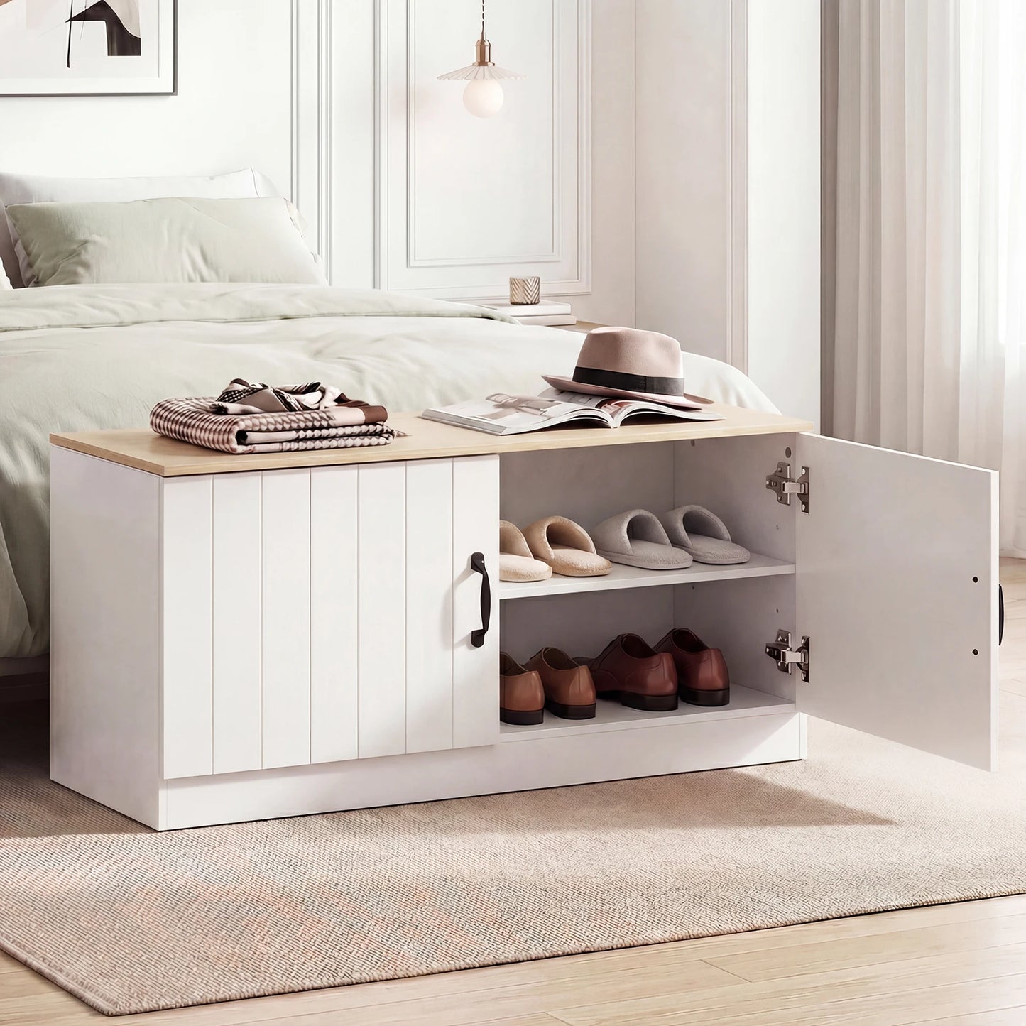 2-Door Shoe Bench with Adjustable Shelves