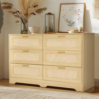 6 Drawer Rattan Dresser with Golden Handles