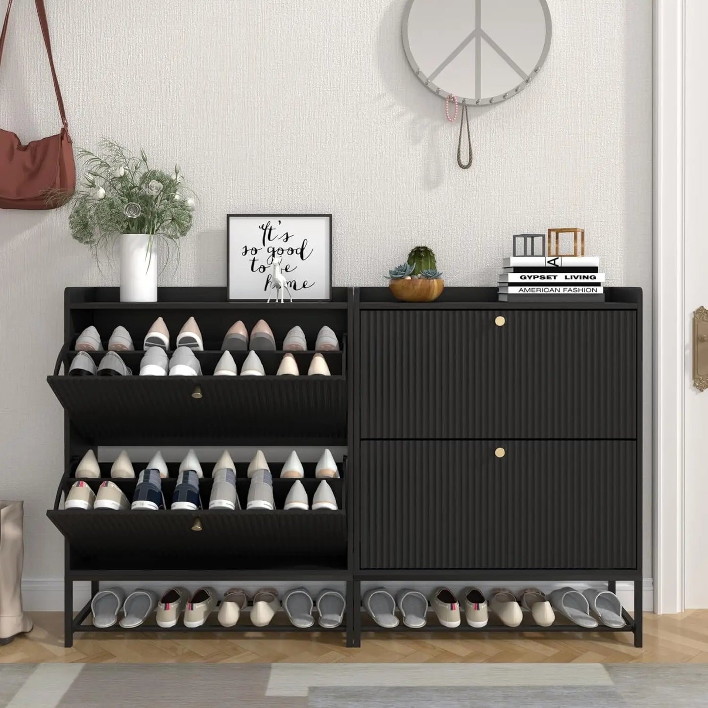 Fluted Narrow Shoe Cabinet 2 Flip Drawers