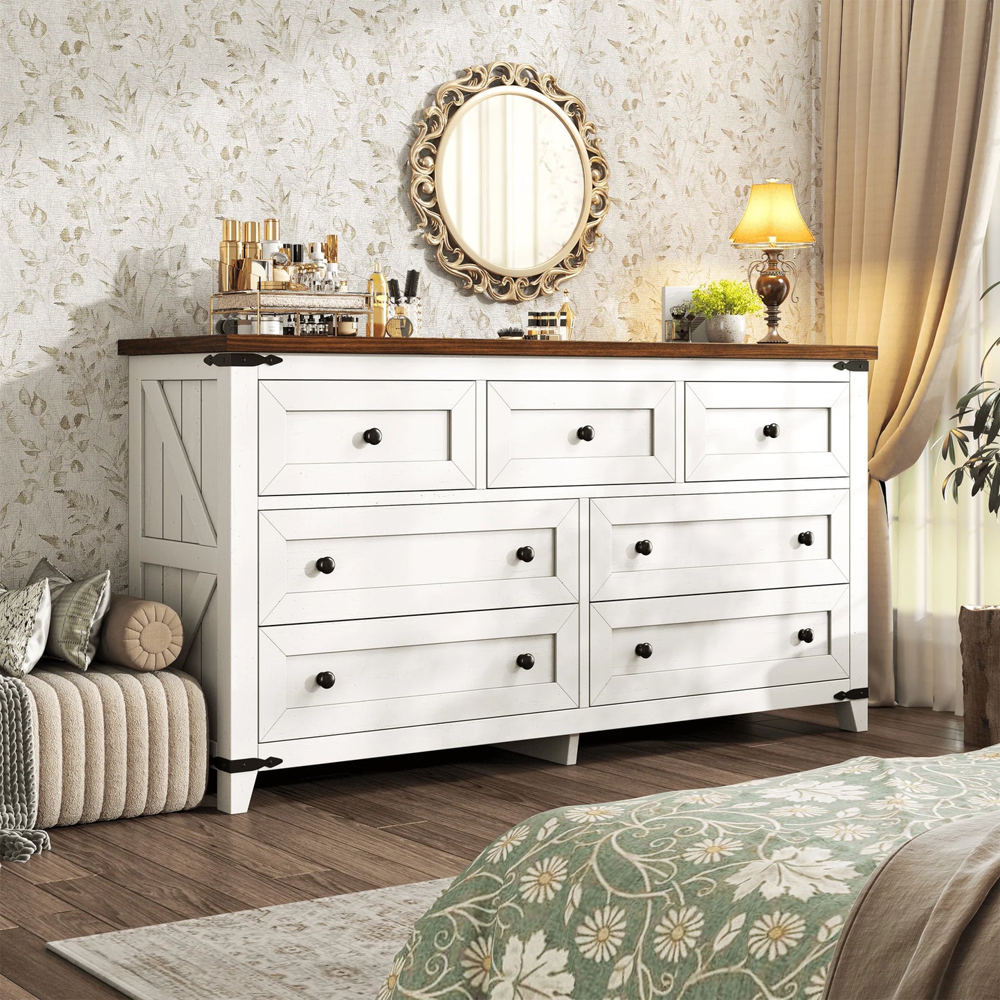51.2" Farmhouse 7 Drawer Dresser & TV Stand