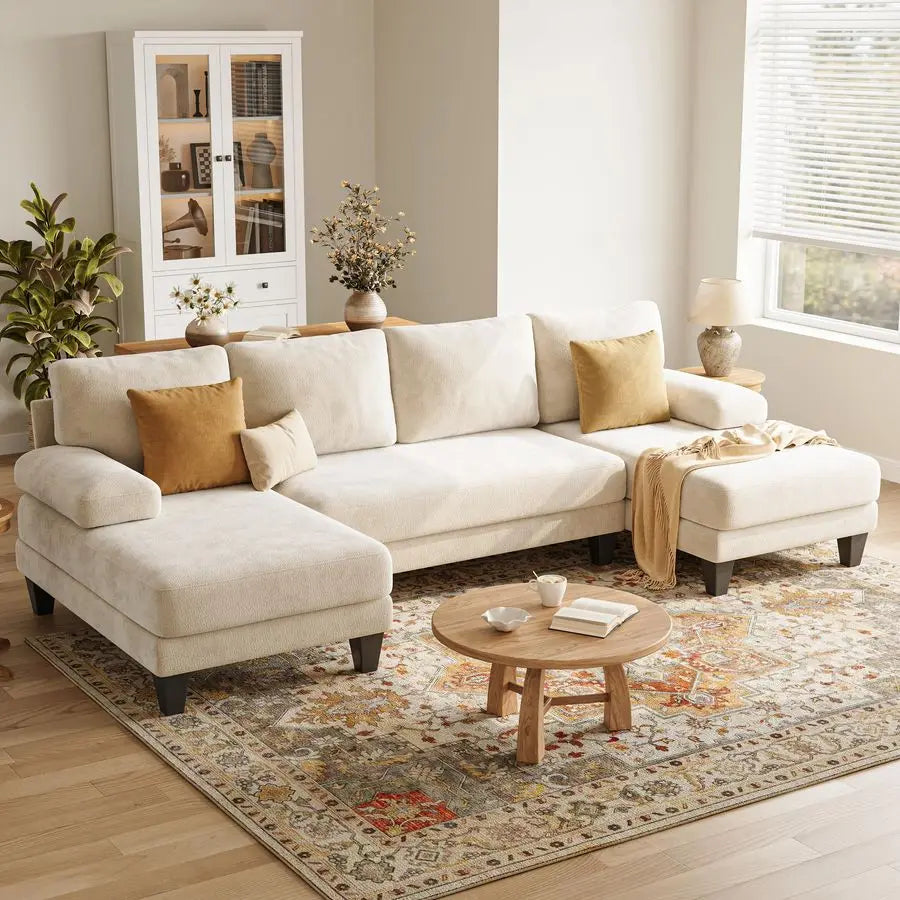 U Shaped Double Chaise  White Chenille Sofa