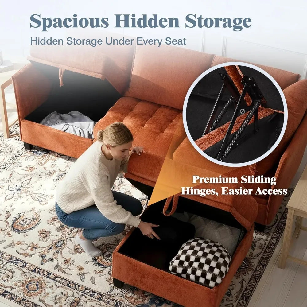 L-Shaped Chenille Convertible Sectional Sofa with Storage