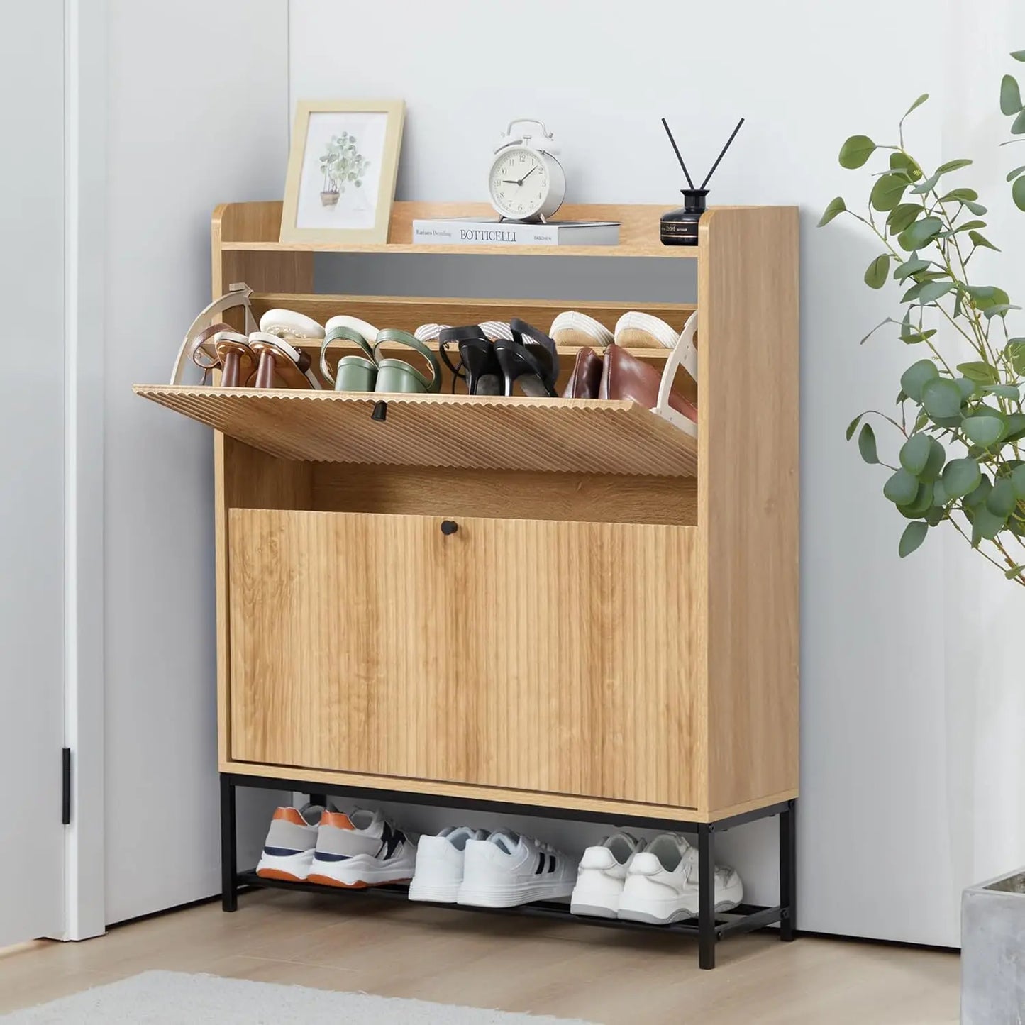 Fluted Narrow Shoe Cabinet 2 Flip Drawers