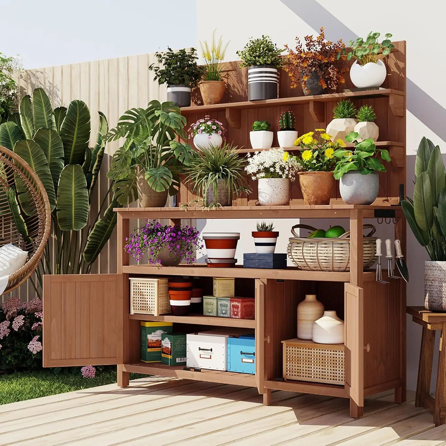 Solid Fir Wood Potting Bench with Hutch