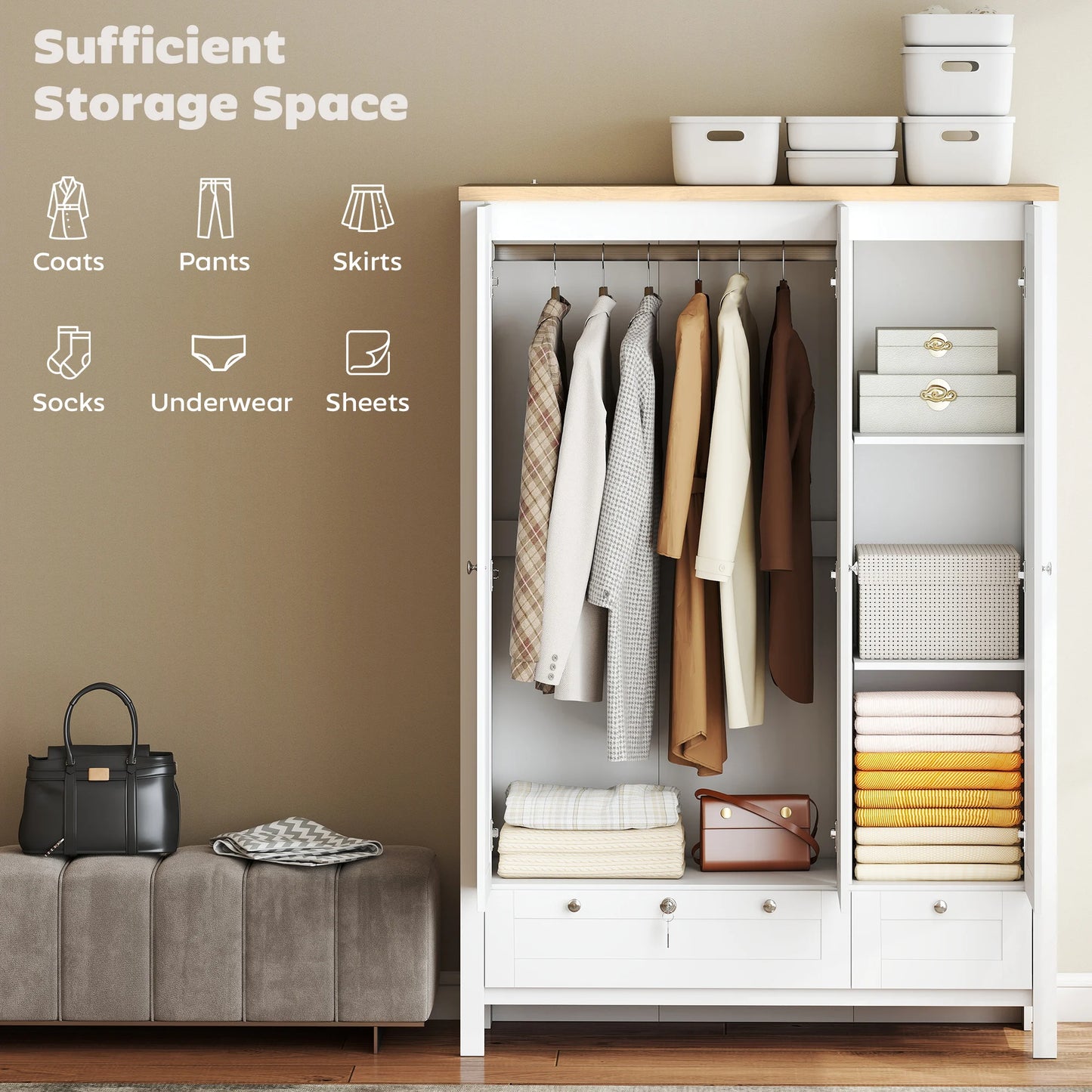 3-Door Wardrobe Closet with 2 Drawers