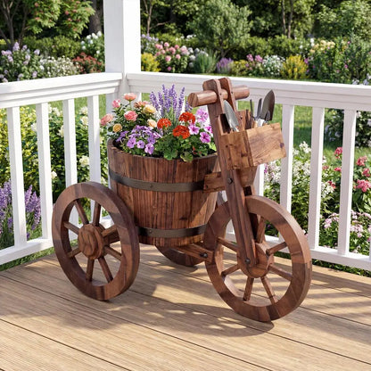 Rustic Wooden Bike Planter with Wheels