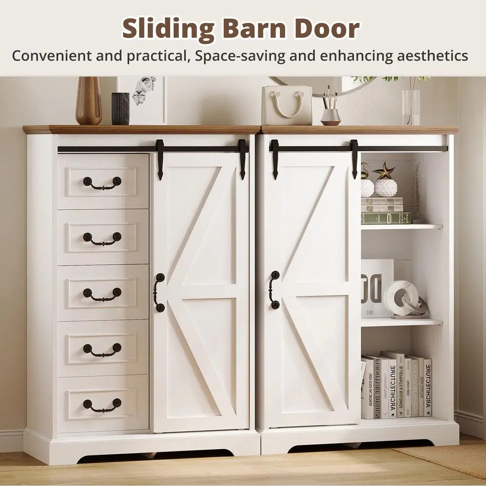 5 Drawers Farmhouse Dressers with Sliding Barn