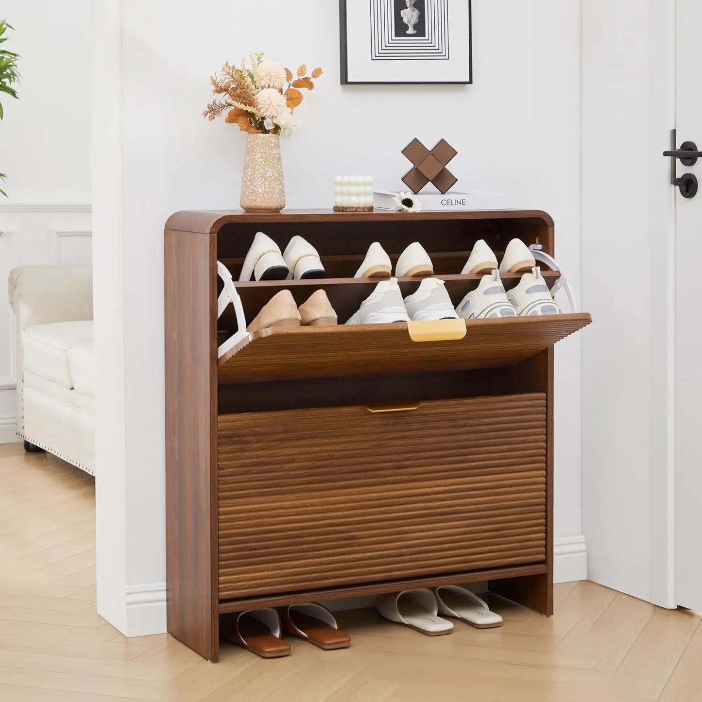 Fluted Narrow Shoe Cabinet 2 Flip Drawers