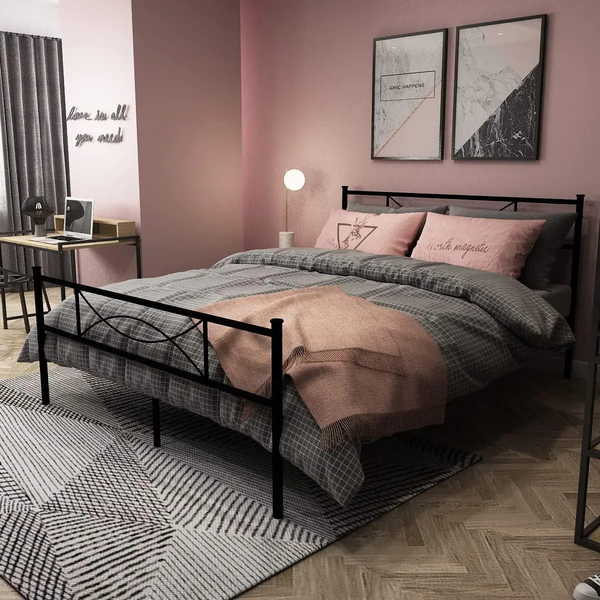 Full Size Bed Metal Platform Frame with Headboard
