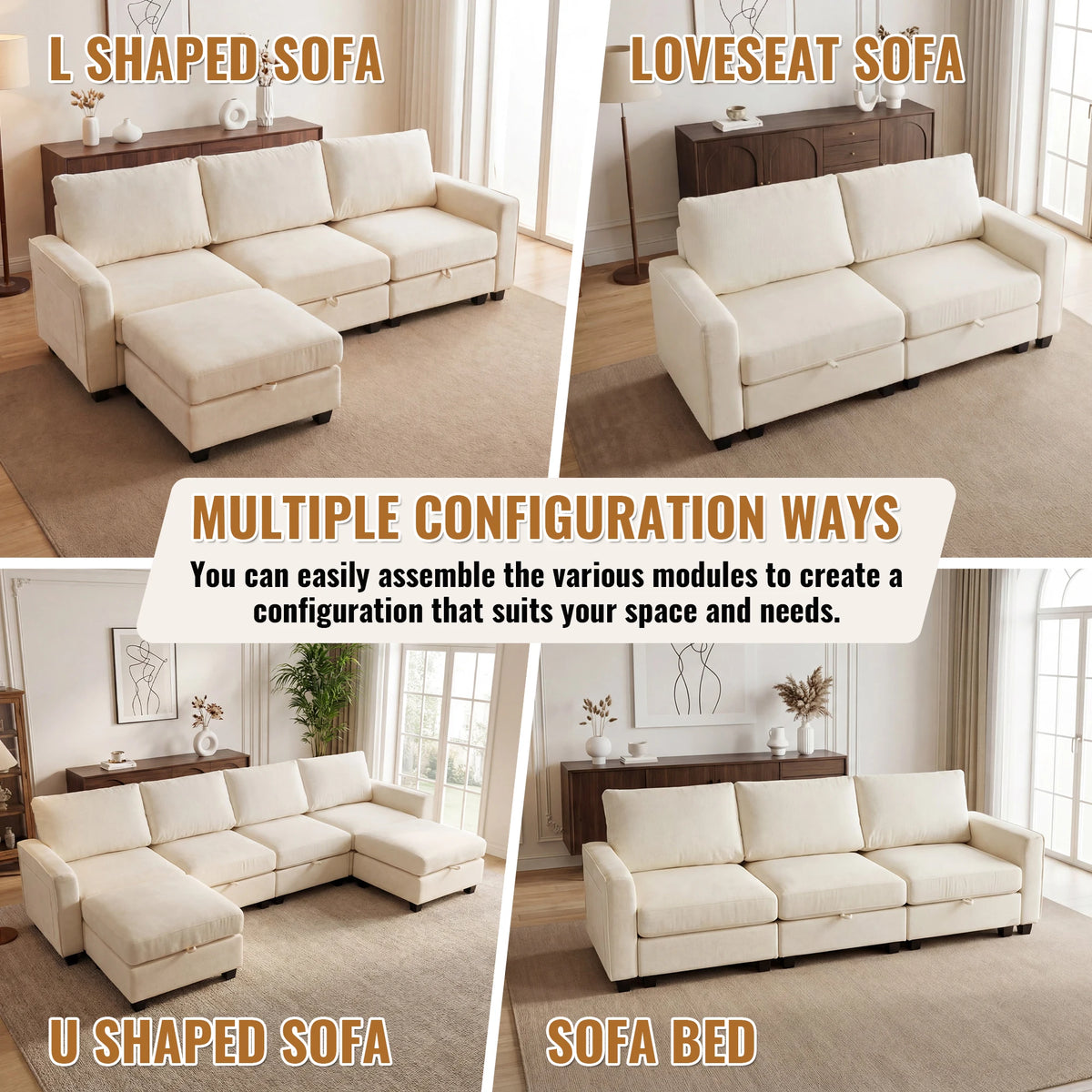 Sectional Sofa Set with 2 Ottomans