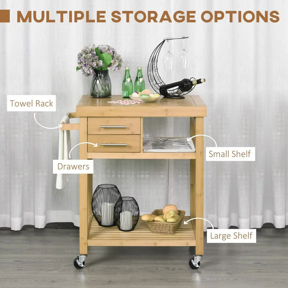 Bamboo Kitchen Island on Wheels with Drawers