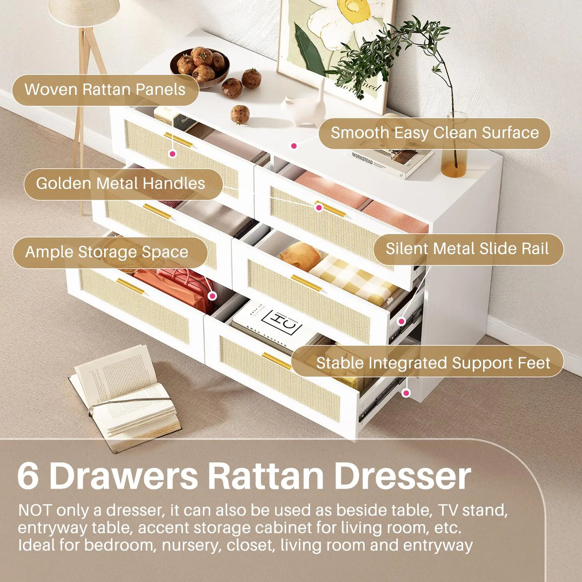 6 Drawer Rattan Dresser with Golden Handles