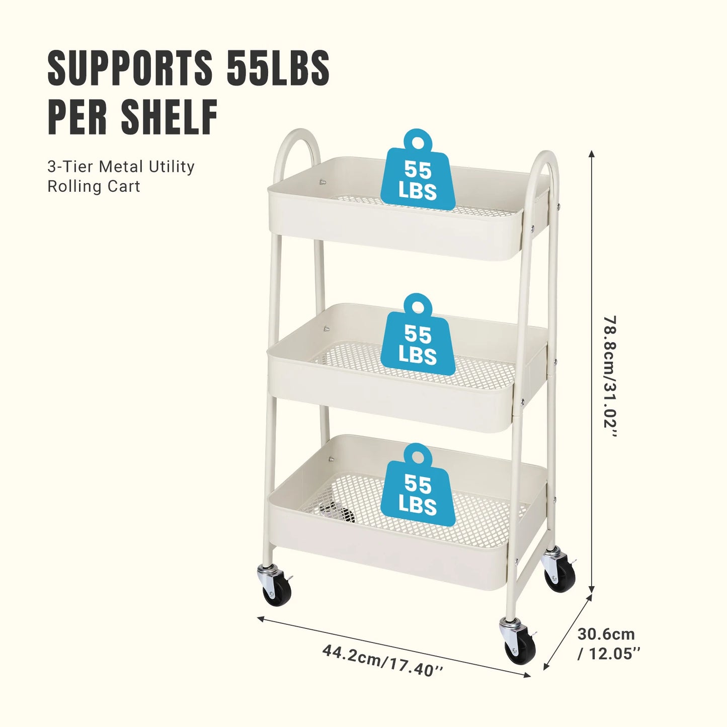 3 Tier Metal  Cart with Lockable Wheels