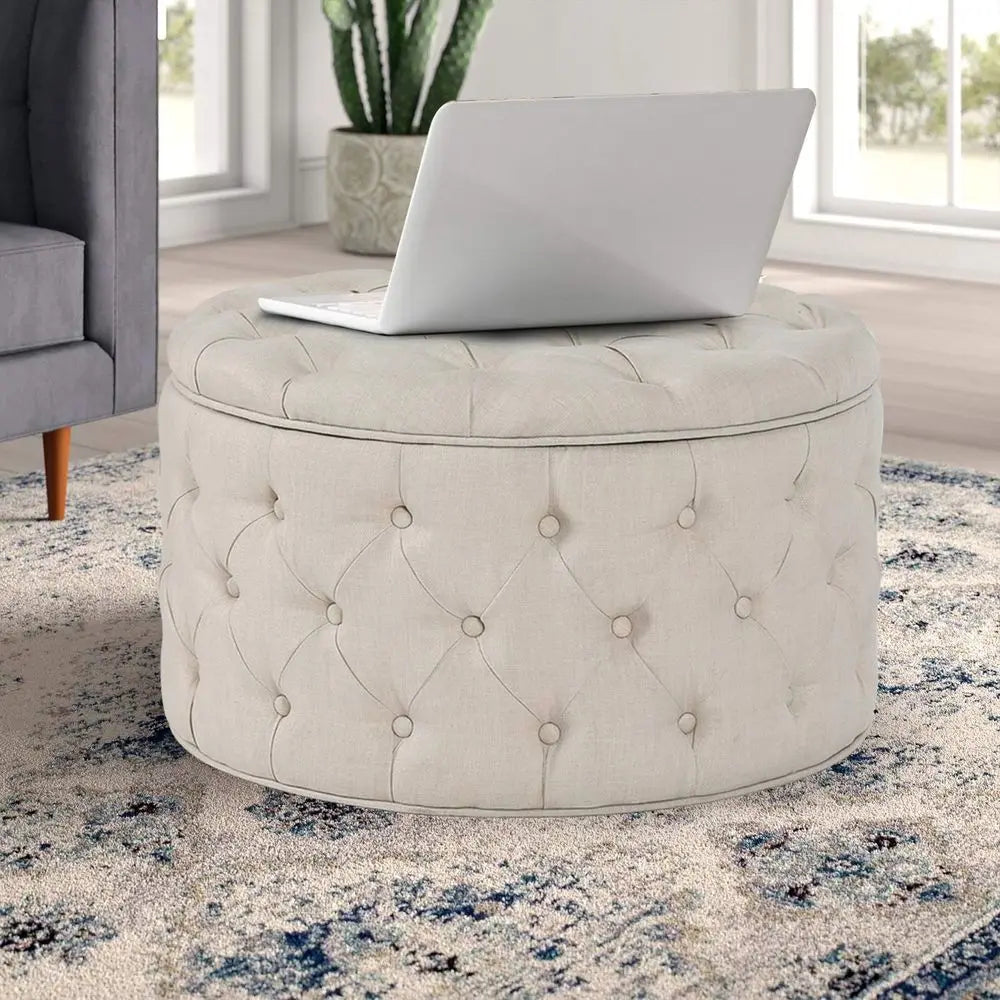 Button Tufted Round Storage Ottoman