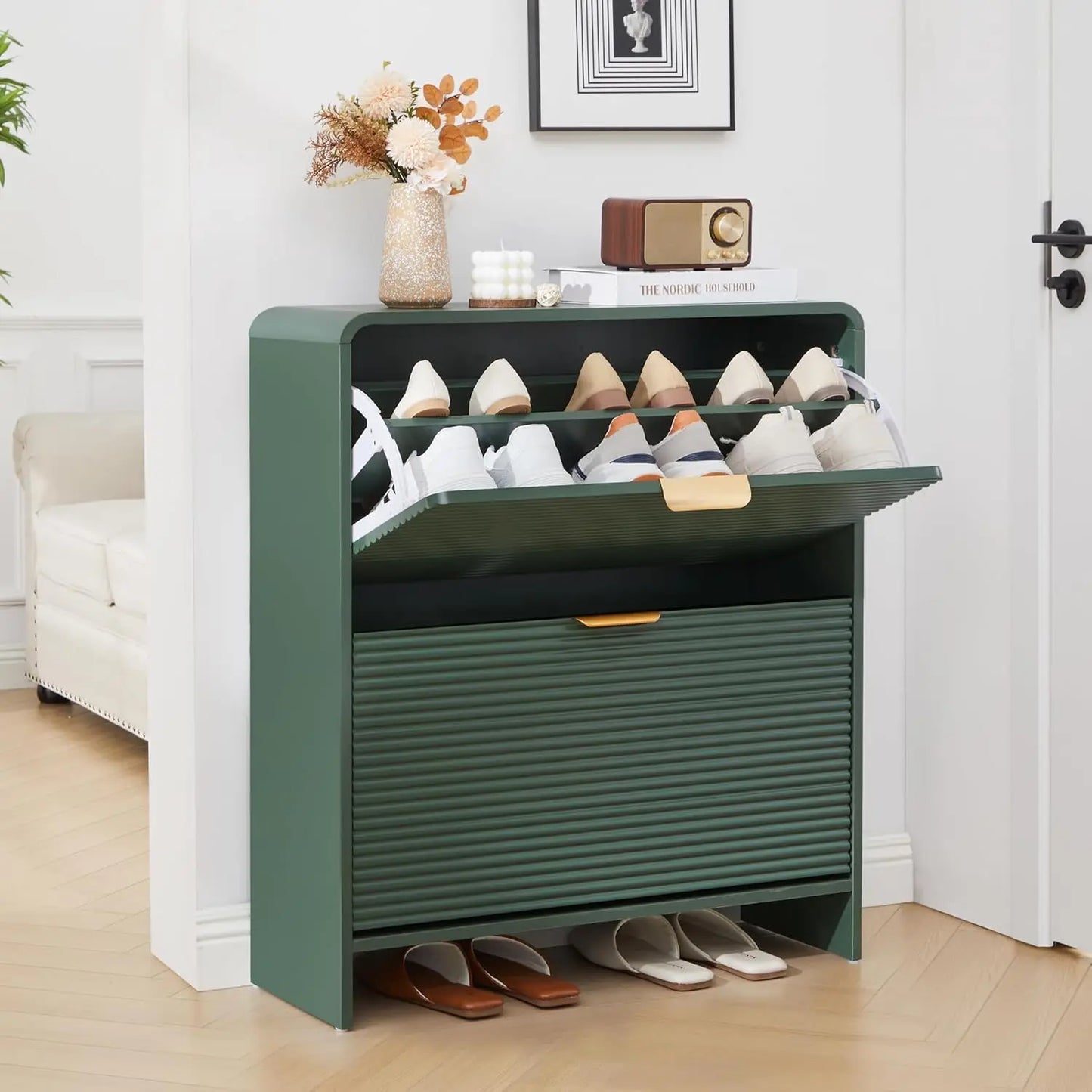 Fluted Narrow Shoe Cabinet 2 Flip Drawers