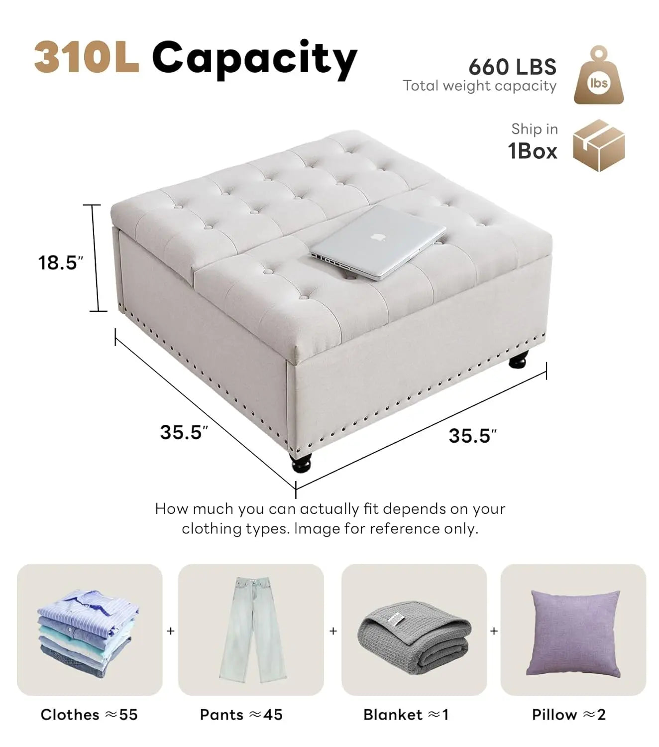Tufted Large Square Storage Ottoman Bench