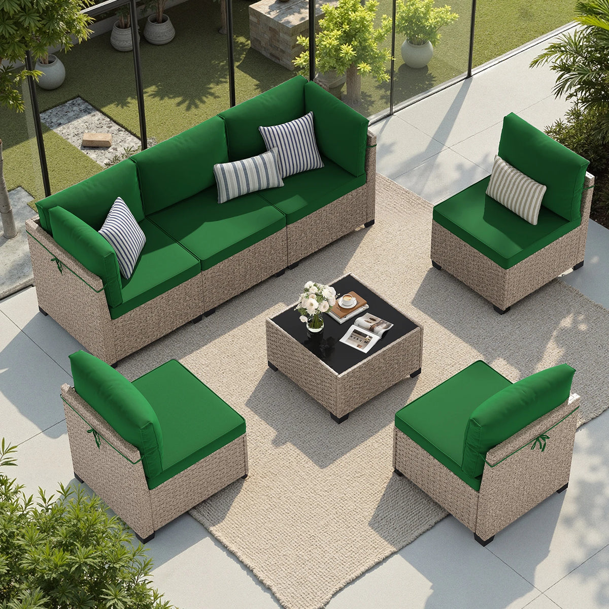 7-Piece Rattan Sectional Sofa with Glass Table