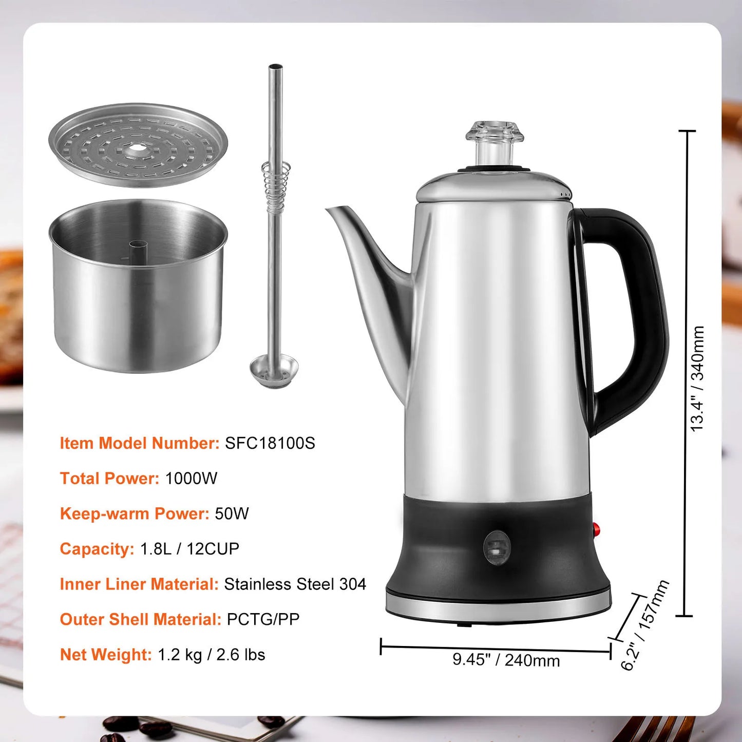 Stainless Steel 12-Cup Electric Coffee Pot