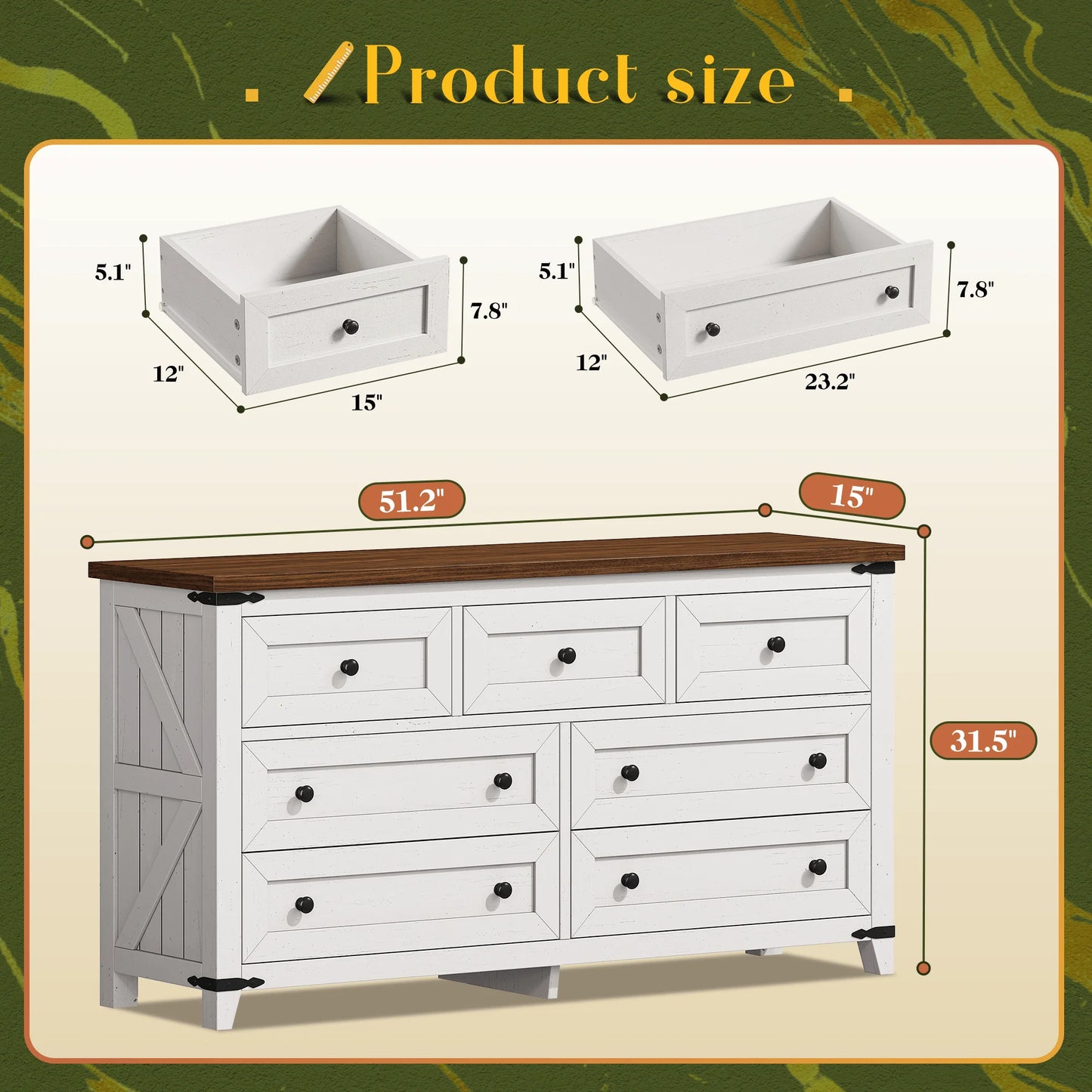 51.2" Farmhouse 7 Drawer Dresser & TV Stand