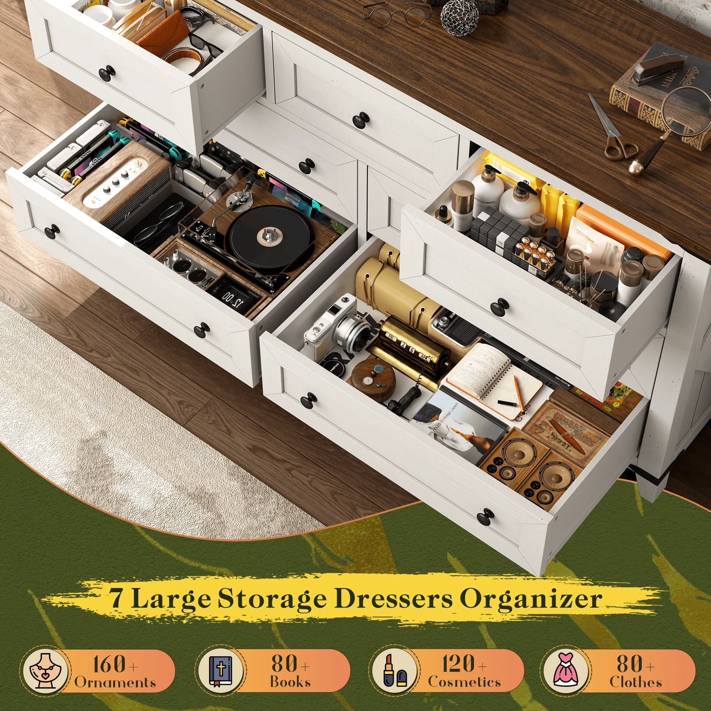 51.2" Farmhouse 7 Drawer Dresser & TV Stand