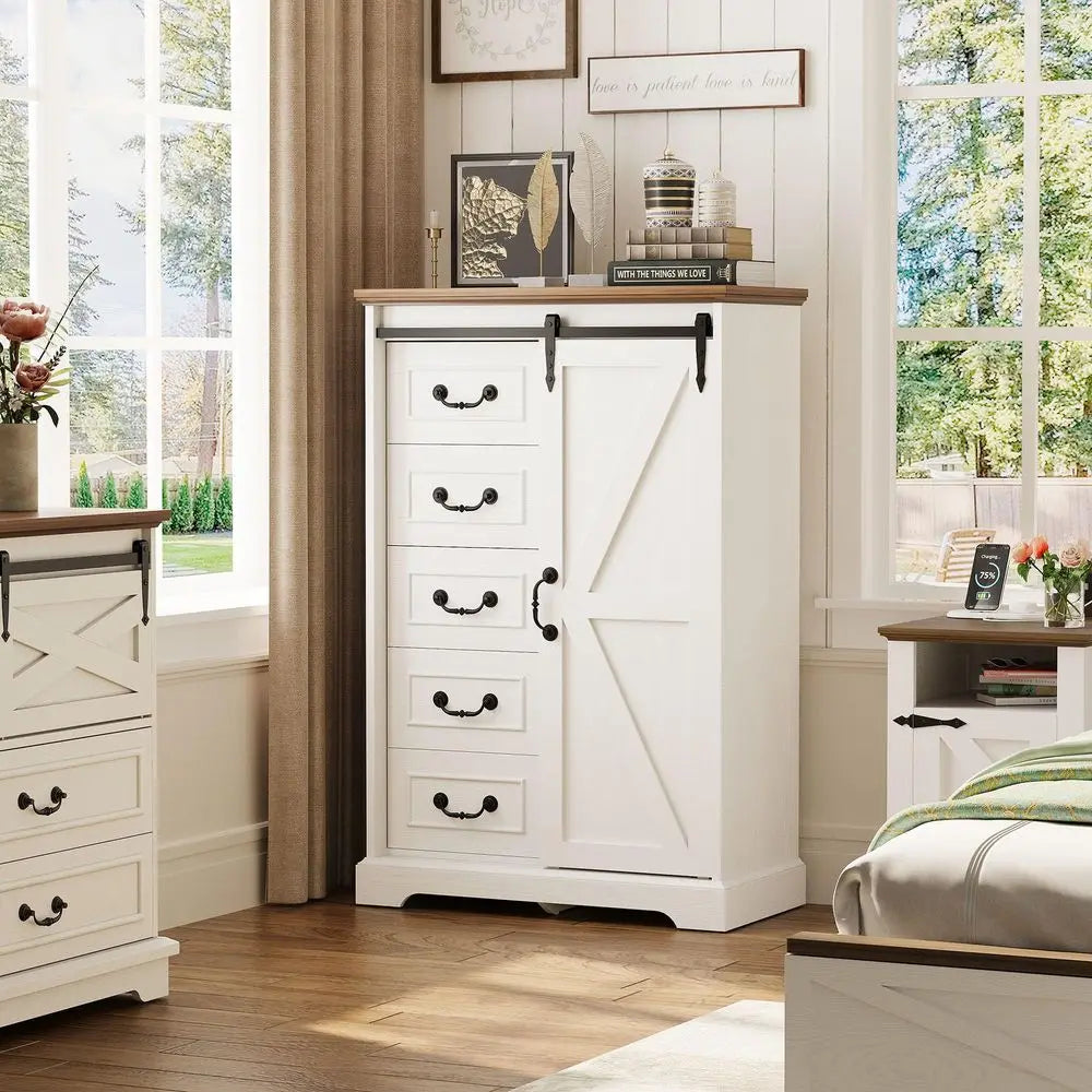 5 Drawers Farmhouse Dressers with Sliding Barn