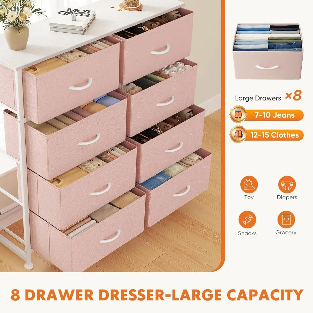 8-Drawer Steel Frame Pink Fabric Dresser