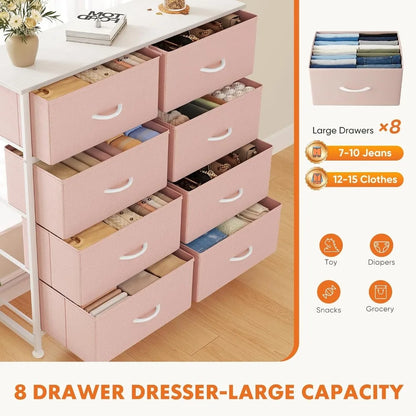 8-Drawer Steel Frame Pink Fabric Dresser