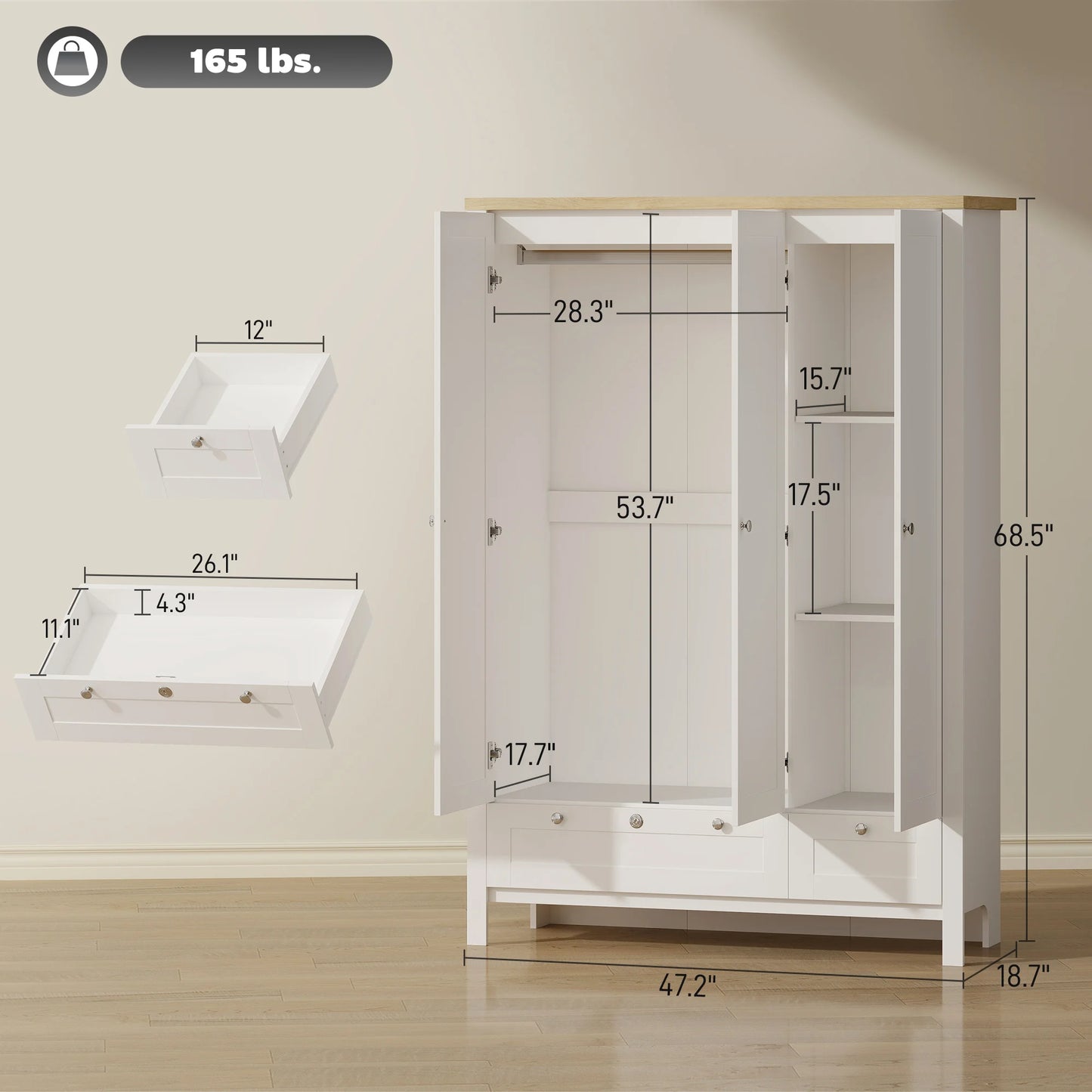 3-Door Wardrobe Closet with 2 Drawers