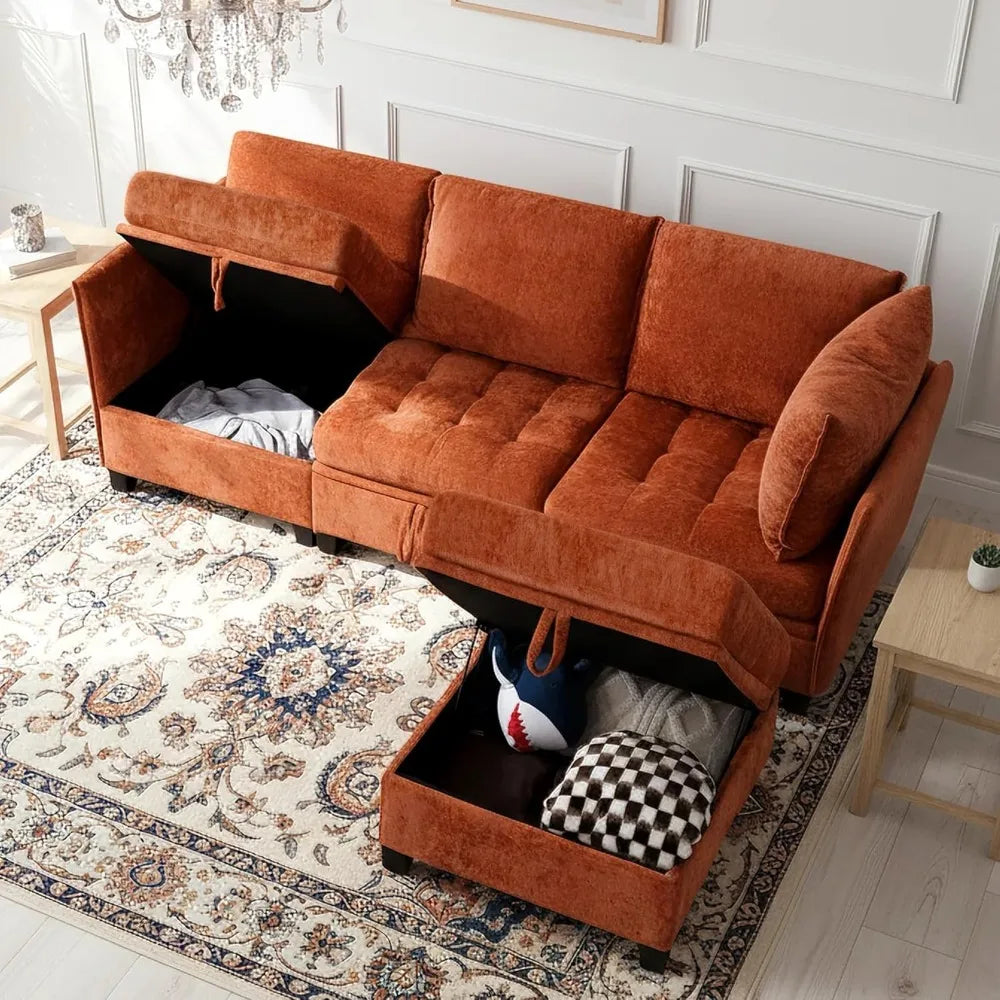 L-Shaped Chenille Convertible Sectional Sofa with Storage