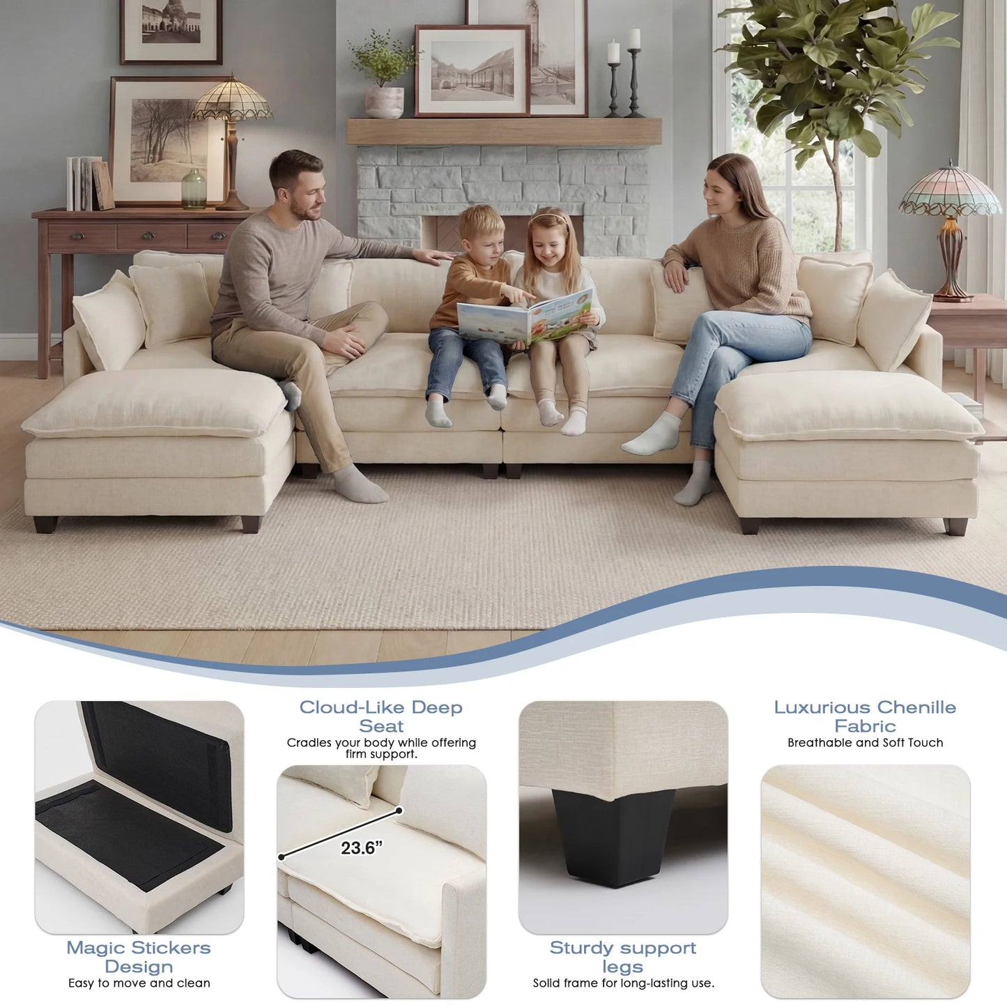 Modular Sectional Deep Seat  Sofa with Ottoman