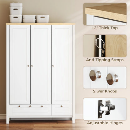 3-Door Wardrobe Closet with 2 Drawers