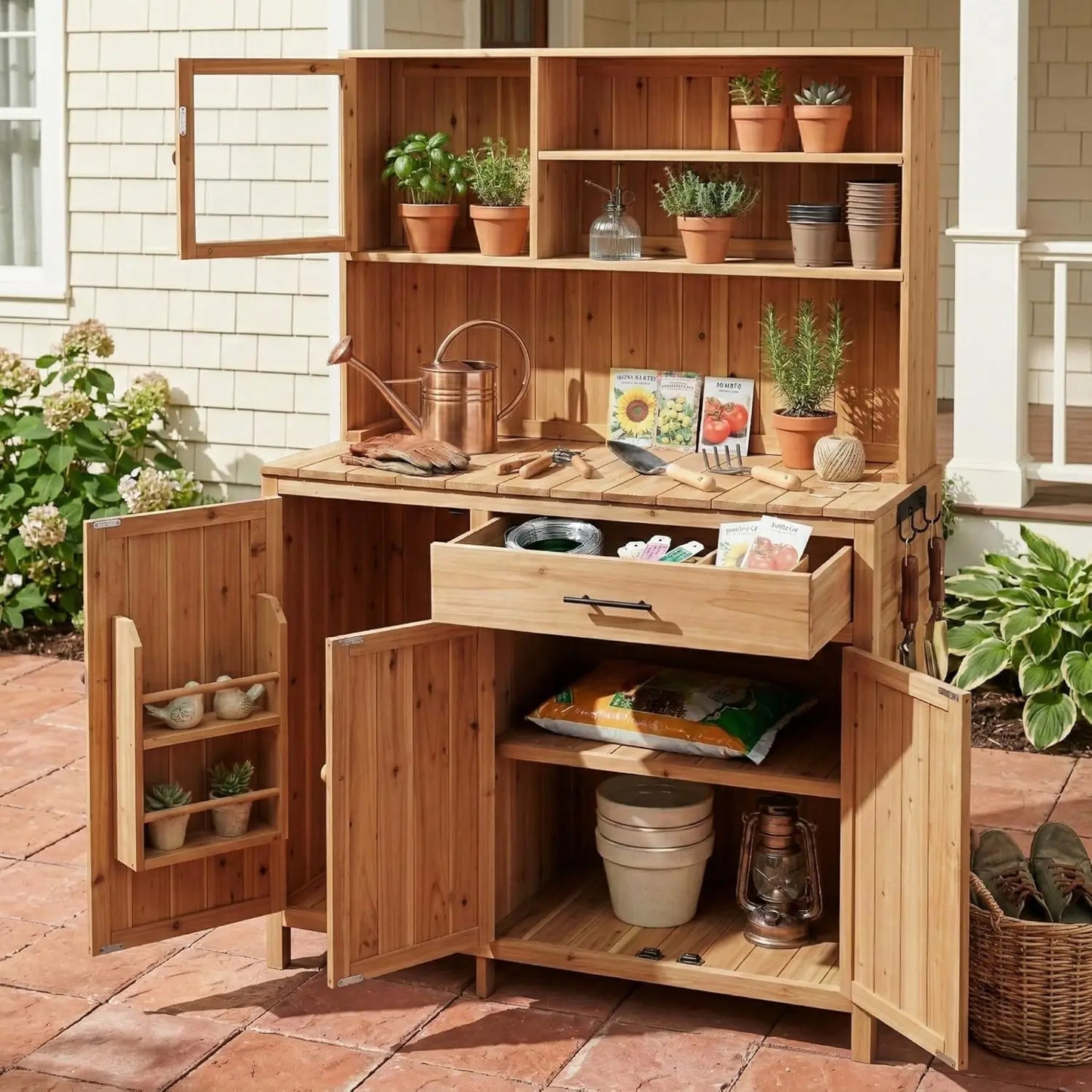 Solid Fir Wood Potting Bench with Hutch