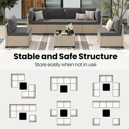 7-Piece Rattan Sectional Sofa with Glass Table