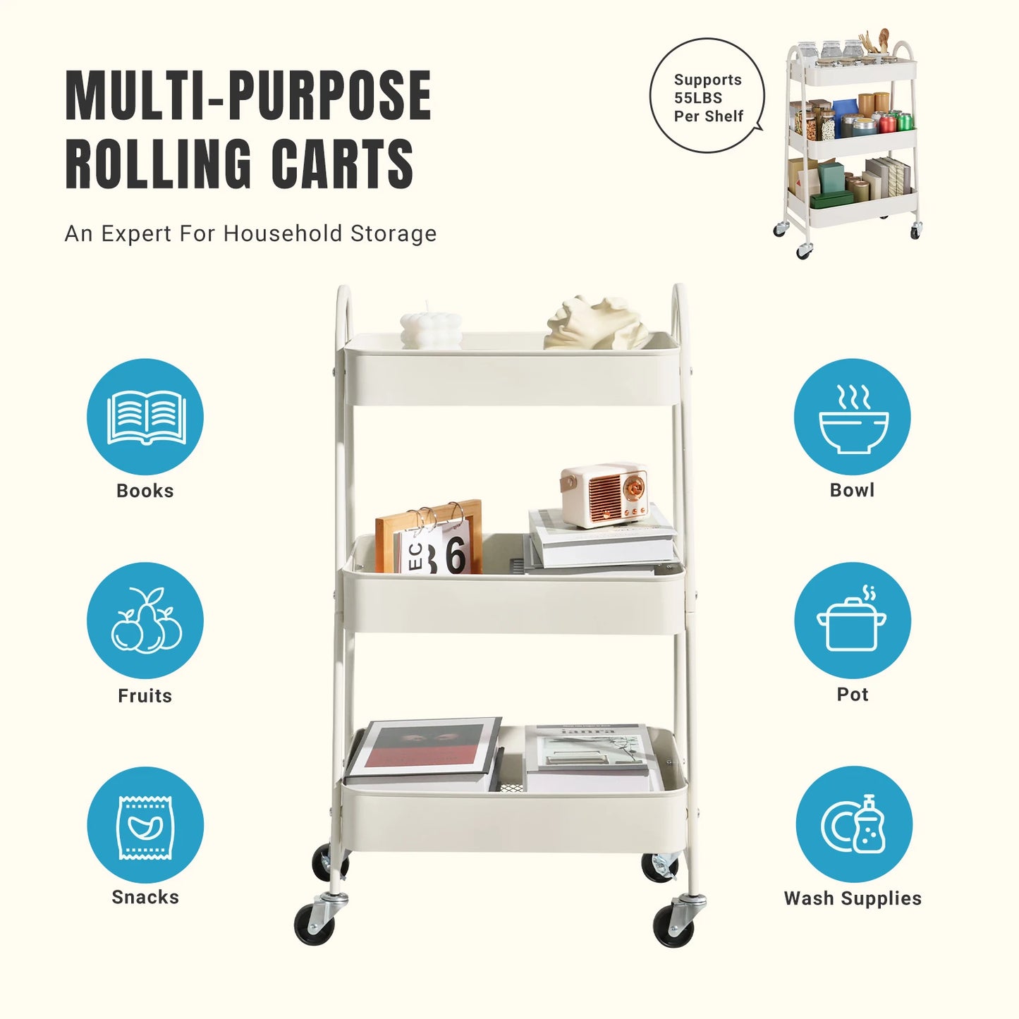 3 Tier Metal  Cart with Lockable Wheels