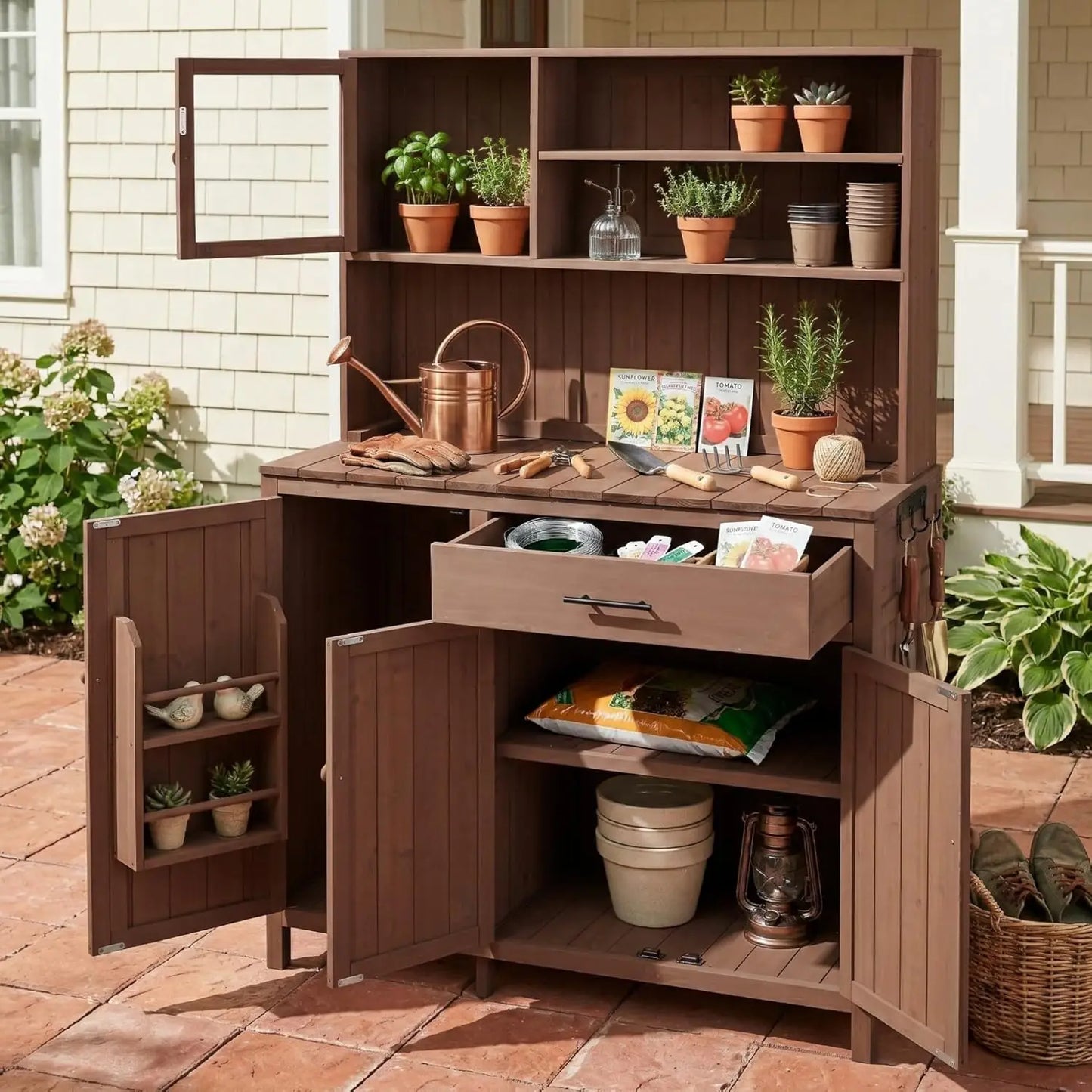 Solid Fir Wood Potting Bench with Hutch