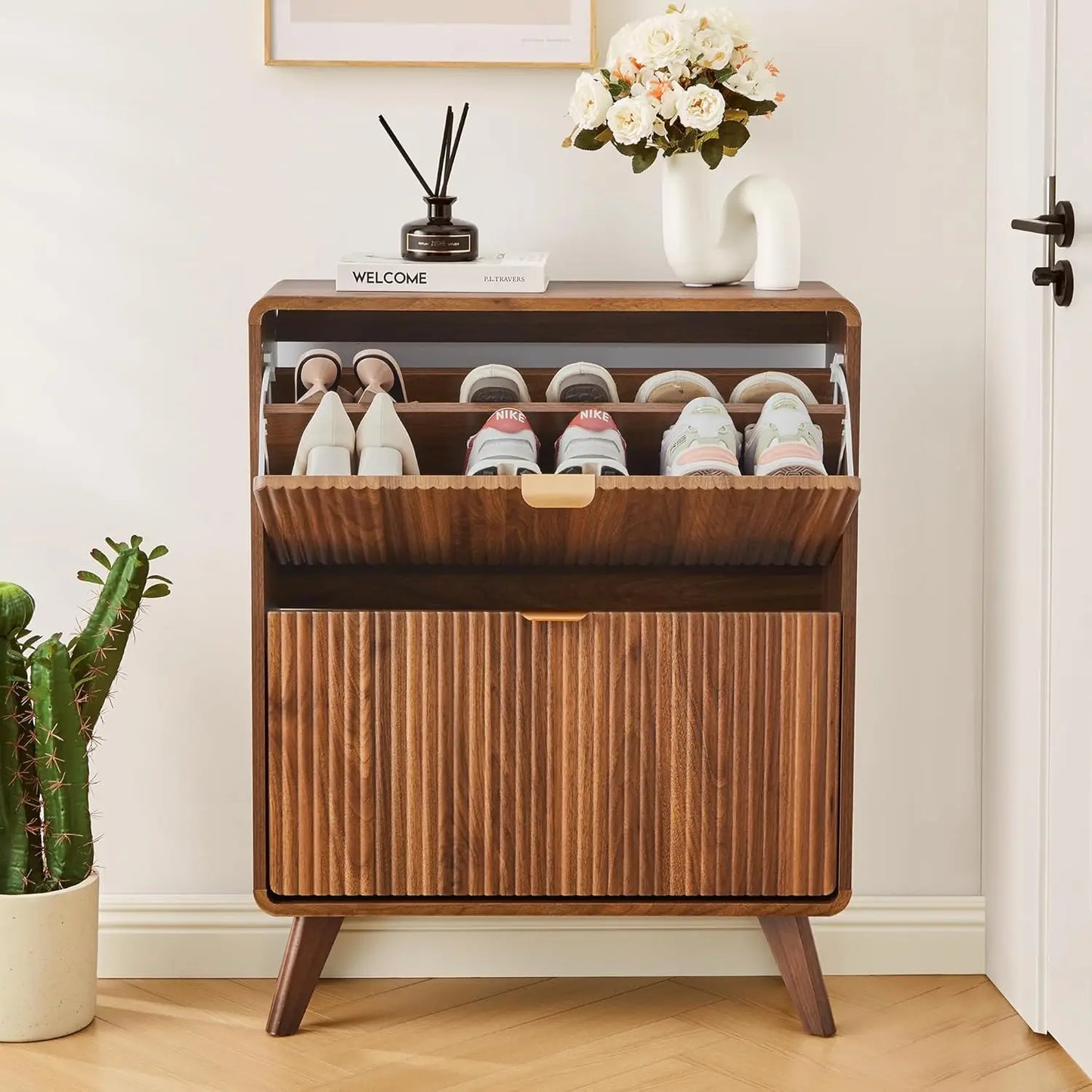 Fluted Narrow Shoe Cabinet 2 Flip Drawers