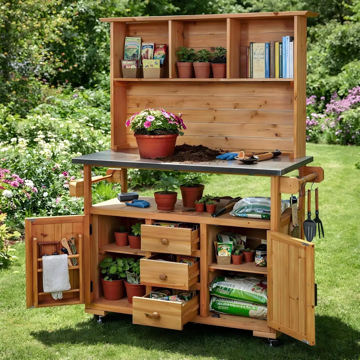 Solid Fir Wood Potting Bench with Hutch