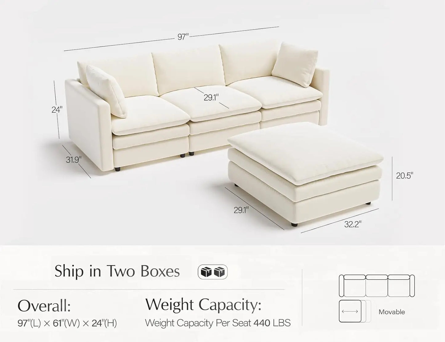 L Shaped Sectional Couch with Ottoman