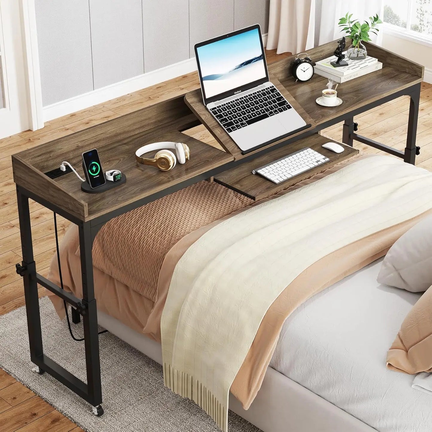 Overbed Table with Wheels and Height Adjustable